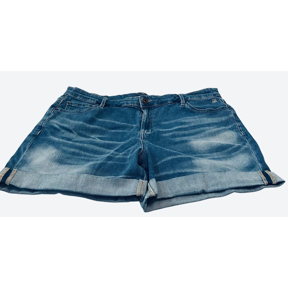 TOMMY HILFIGER HI-RISE DISTRESSED DENIM SHORTS, WOMENS, 14, DENIM BLUE, FOLD HEM